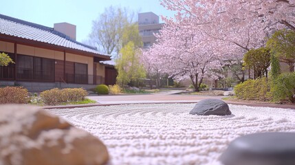 Japanese garden with cherry blossoms