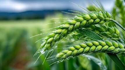 Naklejka premium Green wheat growing in agricultural field with raindrops