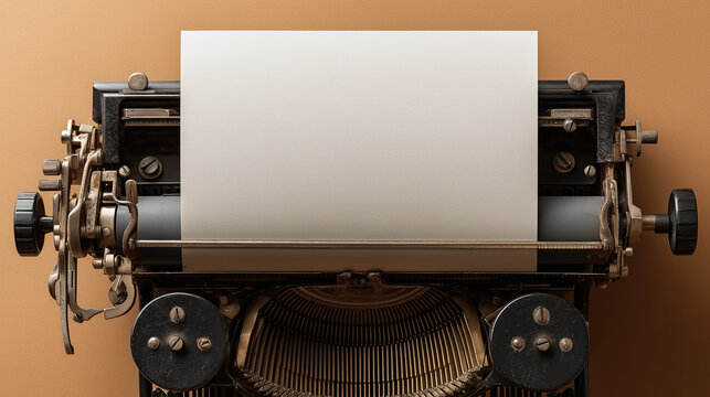 A vintage typewriter with a crisp, blank sheet of paper poised, inviting creativity against a warm, orange backdrop.
