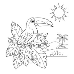 Naklejka premium A black and white illustration of a toucan perched on tropical foliage under a sunny sky