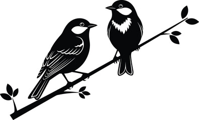 Detailed Black Silhouette of Two Stylized Birds Perched on a Branch with Leaves, Symbolizing Nature, Spring, and Love Birds.