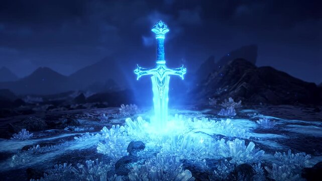 Glowing mystical sword in icy landscape, fantasy power ancient artifact