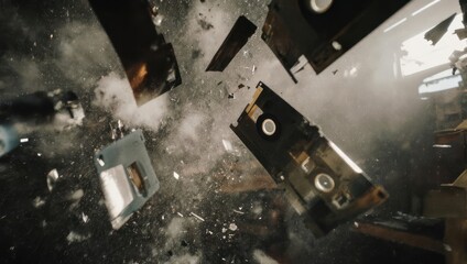 Explosion of old VHS tapes and debris in a chaotic, dynamic scene with dust and light.