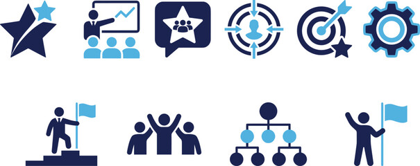Leadership success achievement strategy excellence goal targeting performance management training organization winner development icons set for business planning vector illustration