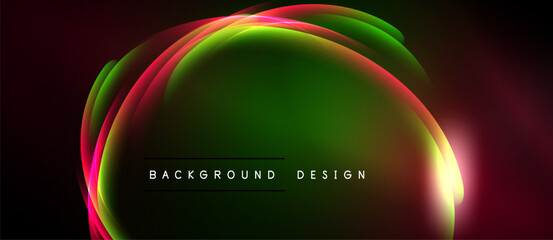 Abstract flowing shapes, vibrant colors blend. Dark background emphasizes luminous curves, creating dynamic visual effect. Modern design element.