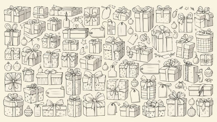Fototapeta premium Assortment of hand drawn christmas gift boxes with bows and tags in a sketch style illustration