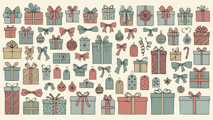 Assortment of christmas presents with bows and tags in a repeating pattern on a light background