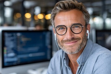 Obraz premium Developer wearing earphones and glasses working remotely
