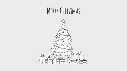 A christmas tree with star and ornaments surrounded by gifts with merry christmas text above it