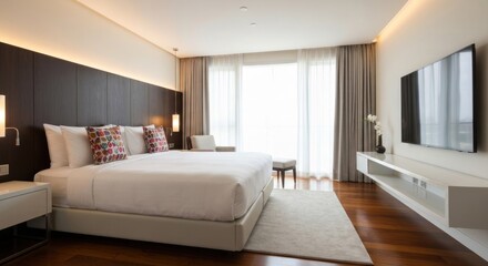 Fototapeta premium Modern, spacious bedroom with large window