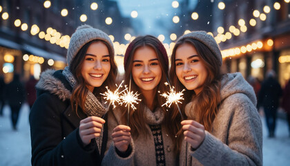 Three beautiful young women in winter clothes holding sparklers on the background of the city.