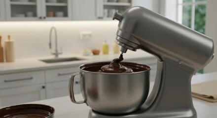 Modern stand mixer pouring chocolate batter