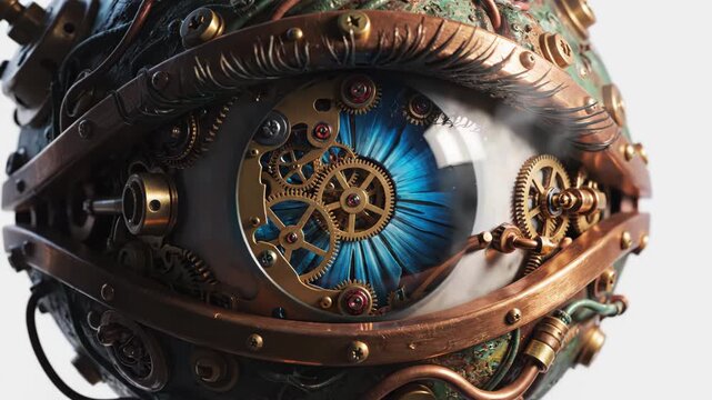 Close up of a detailed steampunk mechanical eye with blue iris and intricate brass gears against a white background