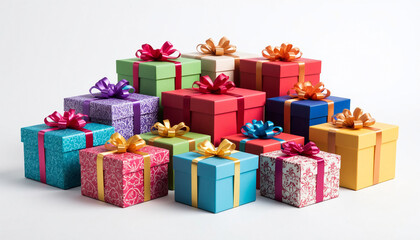 colorful gift boxes with ribbons isolated on a white background.