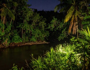 Dark jungle riverbank lit by warm artificial light