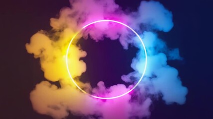 Glowing Neon Circle with Colorful Volumetric Smoke on Dark Background 4K - Powered by Adobe