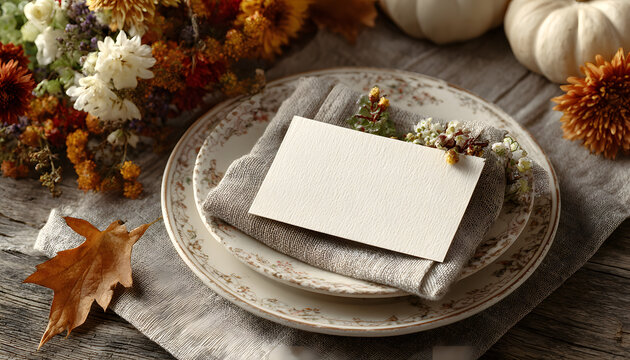 Autumnal table setting with blank menu. Seasonal dining arrangement features an empty card perfect for thanksgiving feast fall gathering or rustic wedding reception customize your