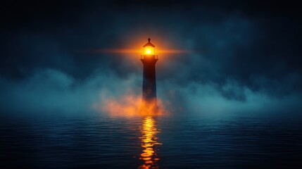 Obraz premium Lighthouse in dark misty sea
