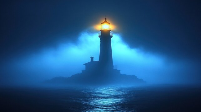 Lighthouse beacon in a foggy night - Powered by Adobe