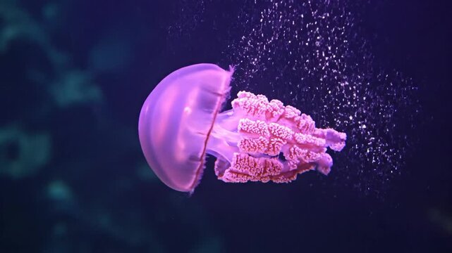 Slow motion footage of a vibrant pink jellyfish swimming gracefully through dark blue ocean water with bubbles.