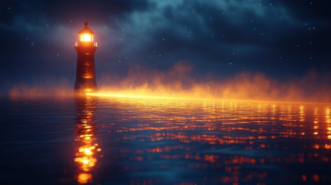 Luminous lighthouse at night, misty sea
