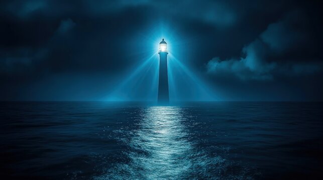 Luminous lighthouse at night on dark sea