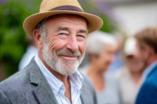 Senior man smiling outdoors wearing a straw hat - Powered by Adobe