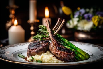 A Christmas dinner consisting of rack of lamb accompanied by mashed potatoes and asparagus