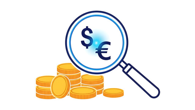 Vector icon illustrating financial analysis, with a magnifying glass examining dollar and euro currency symbols above a stack of gold coins - Powered by Adobe