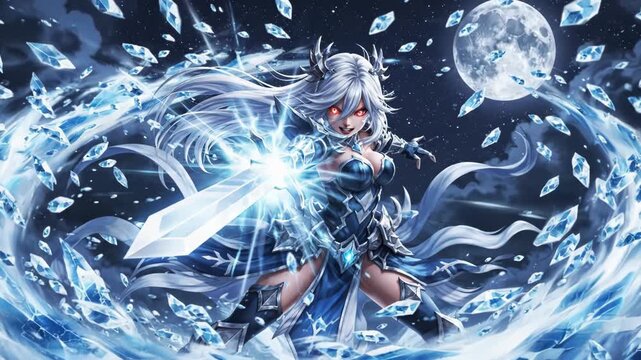 Fantasy ice warrior woman with glowing sword and red eyes standing against a dark, moonlit sky with floating crystals