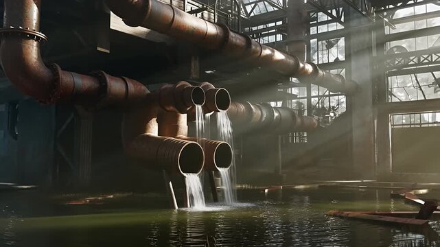 Rusty pipes gushing water into toxic sludge in an abandoned industrial complex
