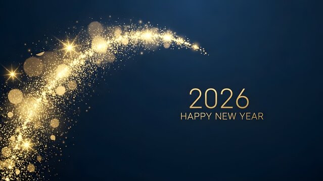 Golden sparkle trail with 2026 happy new year text on dark blue background