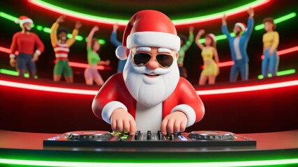 dj santa stands at the mixing desk in the club, making music animated santa dj with sunglasses and upbeat pose at illuminated deck, cartoon character pumps hands while virtual crowd cheers on multi.