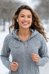 Happy woman running outdoors during winter snow