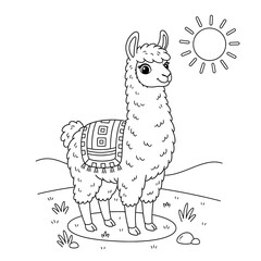 Naklejka premium A coloring page of a llama standing in a field with the sun