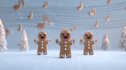 Musical notes accompany an illustration of gingerbread men as they sing Christmas carols