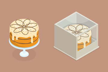 Сake packed in a box with a transparent lid and a cake on a plate. Festive dessert for a birthday. Isometric flat illustration yummy dessert.