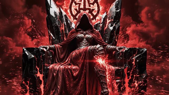 Mysterious hooded sorceress in dark armor sits on a jagged throne surrounded by red smoke and glowing energy
