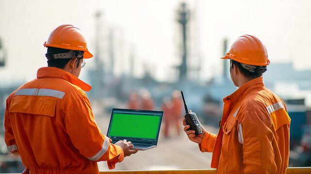 Two engineers in hard hats collaborate on a project using a laptop and radio on an industrial site.