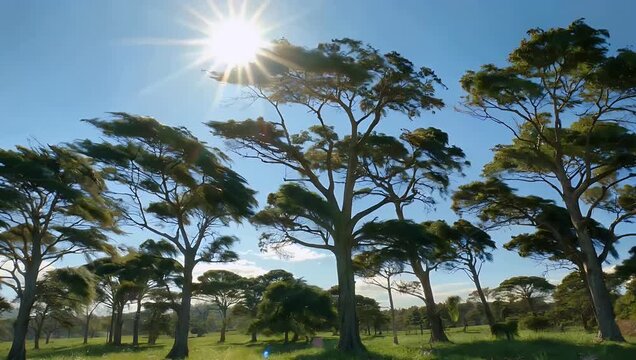 A dynamic 4K depiction of strong winds shaking tall trees visibly bending trunks and rustling leaves under intense gusts illuminated by bright backlight that emphasizes natural power weather