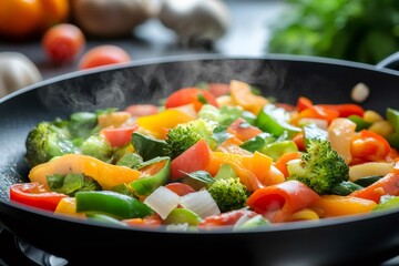 Colorful vegetables steaming in a hot stir fry pan