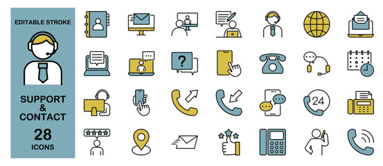 Support & Contact Icon Set &ndash; Customer Service, Help Desk, Call and Feedback. Editable Stroke, Colored Vector Illustration