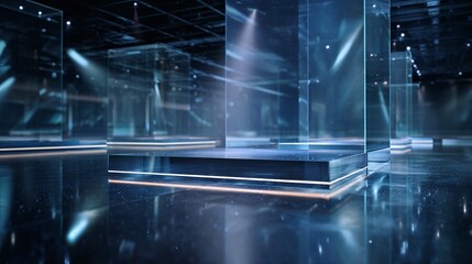 Abstract futuristic scene with glass platforms and glowing light effects.