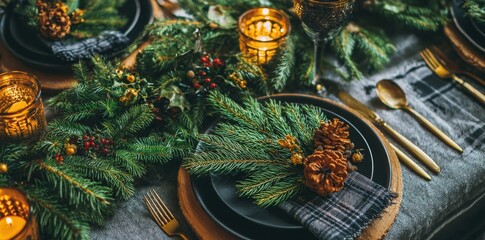 A holiday dinner Christmas table setting is festively arranged and isolated on a white background