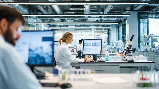 Scientists collaborating on research in a modern, bright laboratory with advanced equipment.