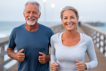 Senior couple jogging on pier for fitness lifestyle