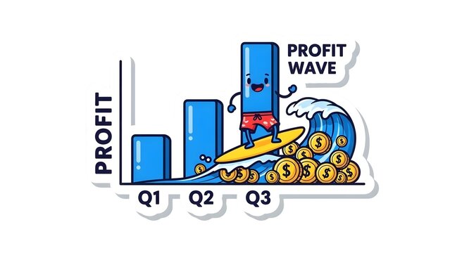 Dynamic illustration portraying a profit wave with a cheerful character surfing on gold coins next to a growing bar chart, symbolizing robust financial performance and business success - Powered by Adobe