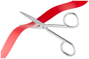 Scissors cutting red silk ribbon, transparent background
