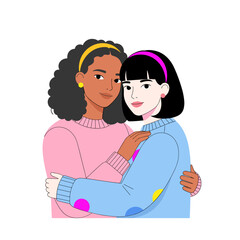 Obraz premium Young mixed-race lesbian couple embracing and smiling in colorful sweaters 