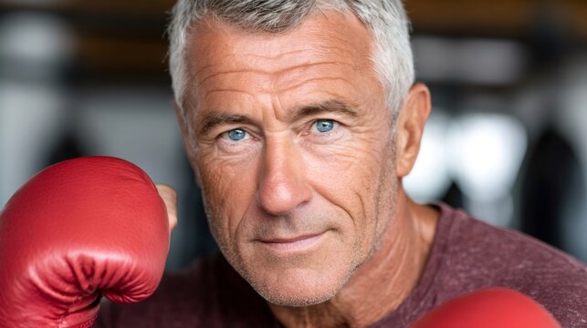 Senior man wearing red boxing glove ready for fitness - Powered by Adobe